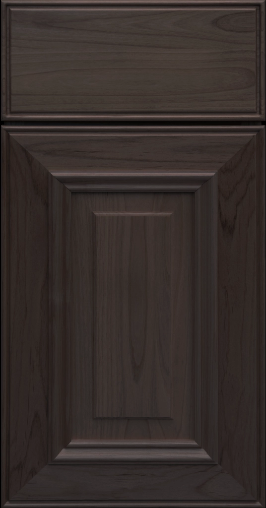Custom Cocoa Stain Anderson Raised Panel Kitchen Cabinet Door and matching Slab Drawer Front.